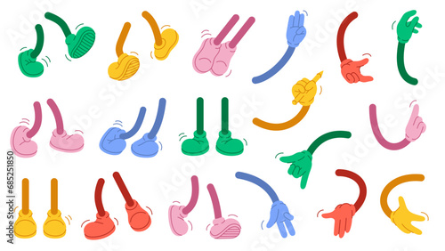 Colorful retro hands in gloves and feet in shoes. Comic retro feet and hands in different poses. Isolated mascot character elements of 1920 to 1950s.