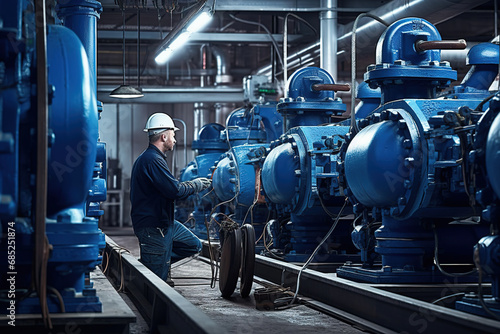 Obraz na plátně A worker at a water supply station inspects water pump valves equipment in a substation for the distribution of clean water at a large industrial estate
