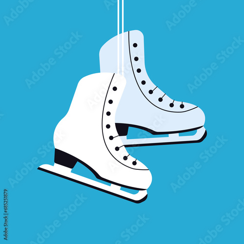 Ice skating pair of shoes on blue background. Square composition winter activity card. Seasonal sport hobby banner. Winter sports gear. Winter leisure. Vector poster invitation.