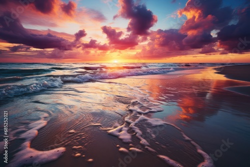Sunset Over Ocean on Beach Generative AI © Johnathan