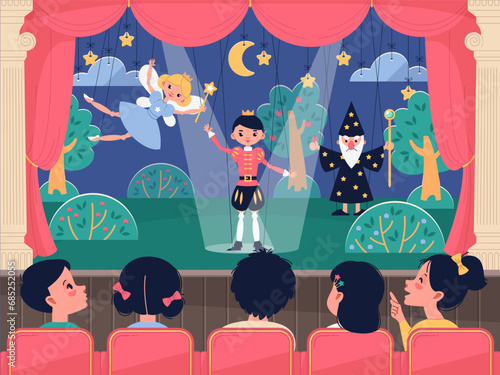 Children watch puppet show. Happy kids in auditorium at theatrical performance, young audience, fabulous puppets on stage, entertainment show for kids, cartoon isolated vector concept