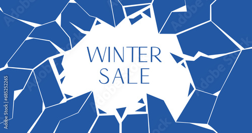 Cracked ice horizontal banner with a space for text in the middle. Ice dark blue puzzle pieces around ice hole. Damaged ice layout template. Mega winter sale offer poster. Vector.