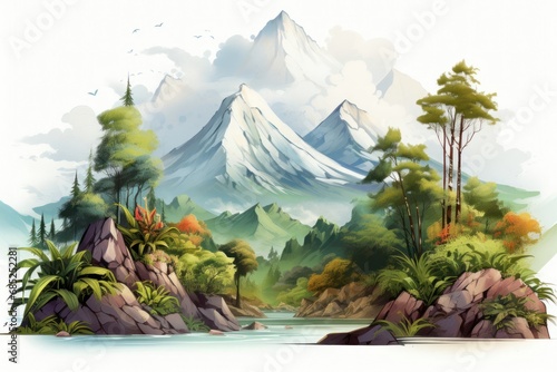 Majestic Mountain Landscape with a Serene River Flowing Through Generative AI