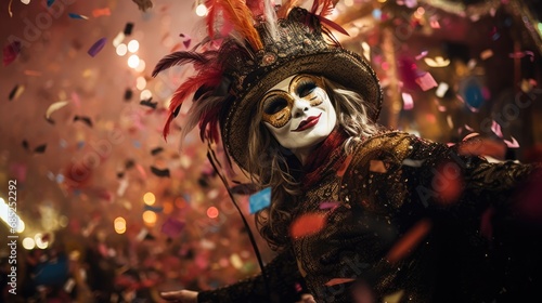 the carnival parade with people dressed in colorful costumes, confetti floating around  © cristian