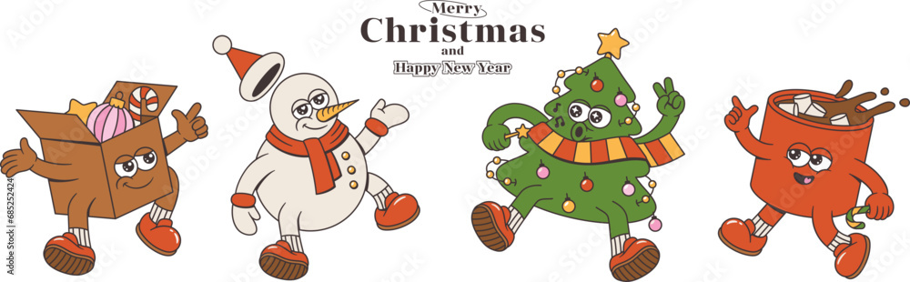 Fototapeta premium Merry Christmas and Happy New Year collection. Christmas tree, gift box, snowman, cocoa with marshmallows of trendy retro mascot style. Happy groovy cartoon characters.