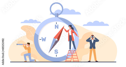 Concept of wayfinding, businessmen with compass and telescope looking for right direction. Successful way for company development choosing. Planning future. Cartoon flat vector illustration