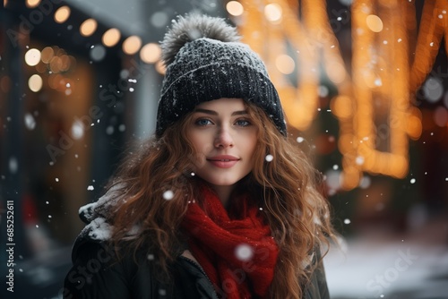 Portrait of beautiful stylish young woman with mittens in a knitted hat, city in winter. photo