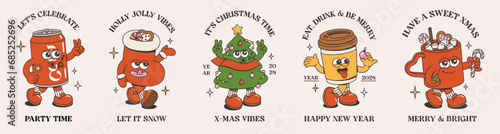 Merry Christmas and Happy New Year designs. Xmas tree, soda, christmas sock, coffee, cocoa with sweets of trendy retro mascot style. Groovy cartoon happy characters with xmas phrases.
