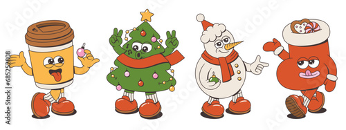 Merry Christmas and Happy New Year collection. Xmas tree, snowman, christmas sock, coffee of trendy retro mascot style. Groovy cartoon characters