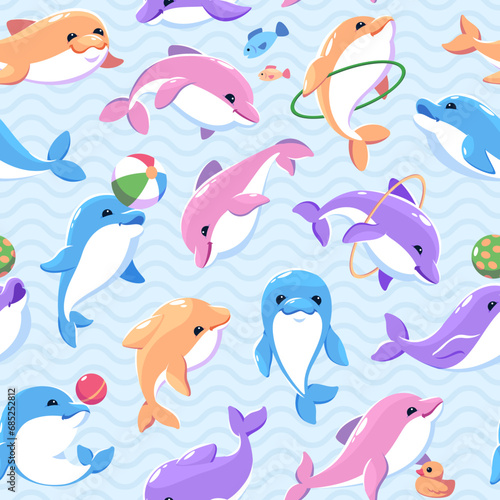 Funny color dolphins seamless pattern. Cartoon marine animals, toys and show accessories, trained underwater mammals. Decor textile, wrapping paper, wallpaper design. Tidy vector backdrop