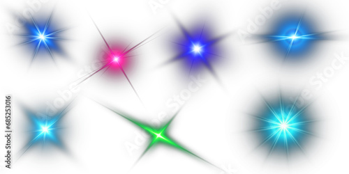 Sparkling light lens flares and colorful twinkle on transparent background
