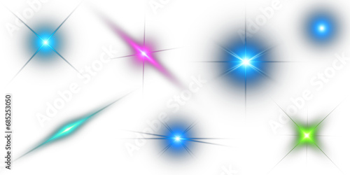 Sparkling light lens flares and colorful twinkle on transparent background