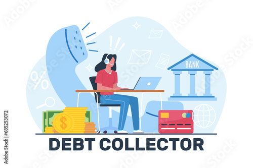 Girl from collection firm gets person or company to pay debt. Collectors call center. Bank service. Pursuing payment of business. Unpaid loan or bill cartoon flat isolated vector concept