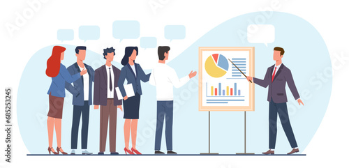 Group of business people talking to speaker of presentation. Manager presenting project to colleague. Infographic with graphics and charts. Office meeting. Cartoon flat vector concept