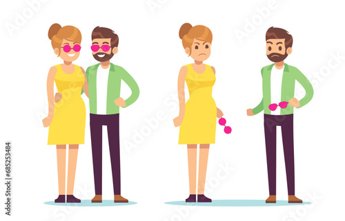 Joyful man and woman with pink glasses and sad without glasses. Optimism and pessimism. Negative or positive feeling, happy and unhappy character cartoon flat isolated vector concept