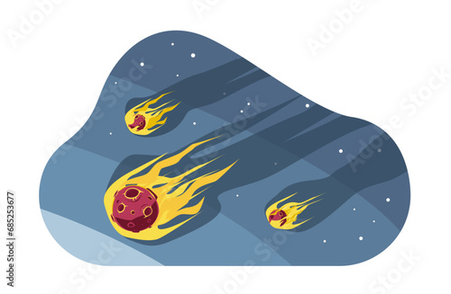 Meteorites flying in starry night sky. Meteor stone with fire. Asteroid comet in outer space. Cataclysm and destruction. Armageddon element, catastrophe background cartoon flat vector concept