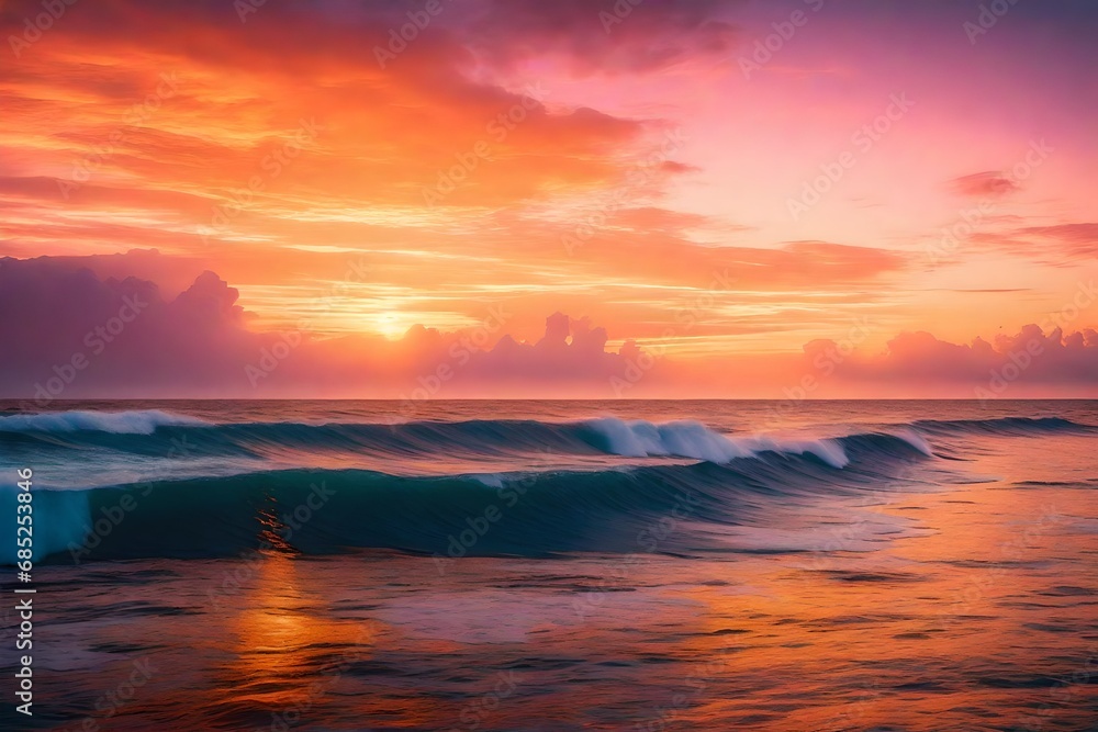 Generate a colorful and abstract background reminiscent of a sunset over a tranquil ocean, with hues ranging from soft pastels to deep oranges and purples. - obrazy, fototapety, plakaty 