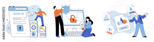 Information security vector illustration. Effective management databases is vital for ensuring security stored information Cyberspace presents unique challenges for businesses in maintaining