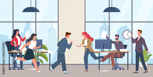 Panic and stress in the office, disruption of work deadlines. Stressed male and female employees, ineffective unproductive work. Hurry men and women cartoon flat isolated vector concept
