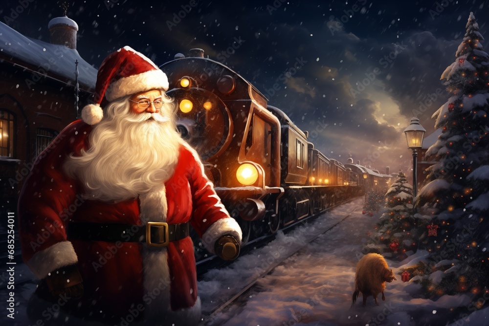 Santa Claus arriving by train, snow, night scene illustration Santa Claus arriving by train, snow, night scene illustration