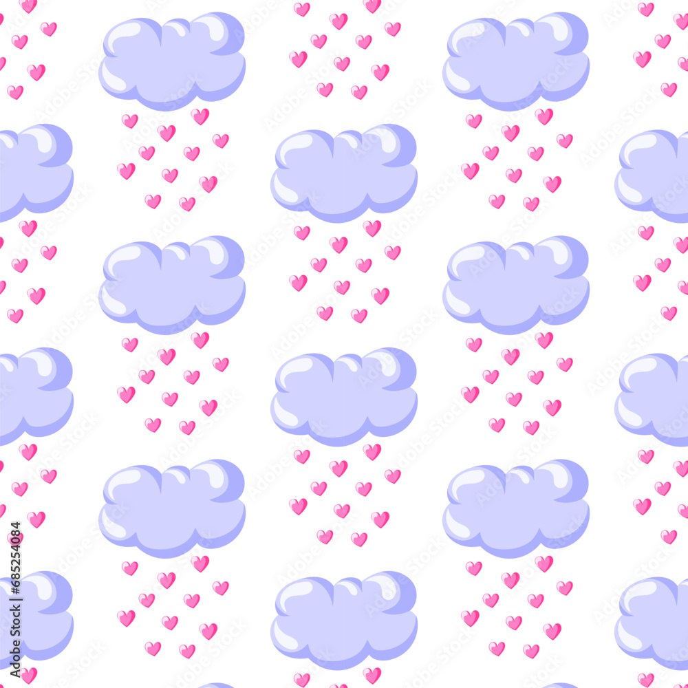 Clouds with falling hearts seamless pattern. Cartoon style. For kids fabric, wallpaper, print or backdrop. Vector illustration.
