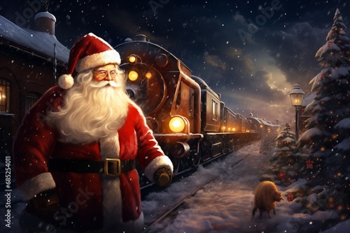 Santa Claus arriving by train, snow, night scene illustration