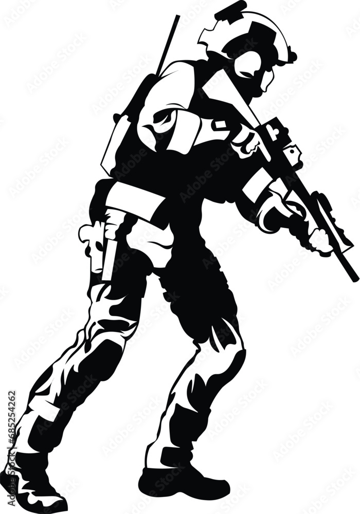 Obraz premium Cartoon Black and White Isolated Illustration Vector Of A Military Soldier In Full Kit Holding a Rifle