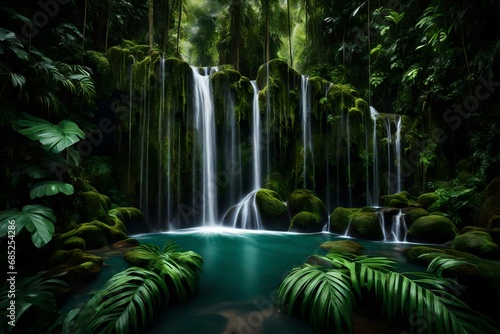 Generate a visually stunning graphic resource featuring the dynamic and textured surface of a cascading waterfall in a lush tropical rainforest. 