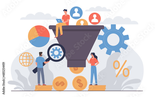 Sales funnel concept with small people. Successful marketing strategy. Funnel and charts, graphs and diagrams. Golden coins, online marketing conversion rate. Vector cartoon flat illustration