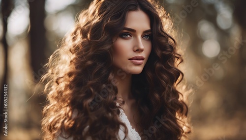 Brunette girl with long and shiny wavy hair. Beautiful model with curly hairstyle