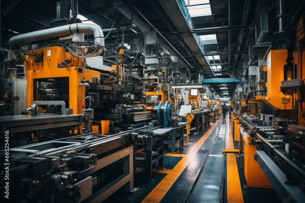 Interior of an empty clean modern factory workshop. Rows of complex modern machines and tools with automated program control. Metalworking shop. Modern industrial enterprise.