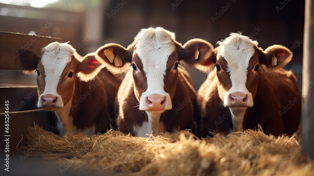 Three cows black and white group together in a field, happy and joyful and a blue sky, a wide view, looking shy and curious. AI generated image