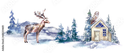 Fototapeta Naklejka Na Ścianę i Meble -  Winter christmas card snowy forest landscape with animals owl and elk watercolor illustration
