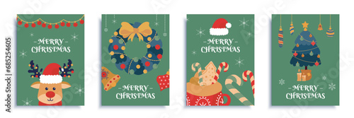 Merry Christmas 2024 cover brochure set in flat design. Poster templates with cute reindeer in Santa Claus hat, wreath with bow, tree with toys, lollipop, other New Year decor. Vector illustration.