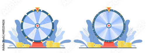 Spinning wheel of fortune, roulette machine game of chance with cash prizes. Online casino or lottery equipment. Gamble object. Stack of golden coins cartoon flat isolated vector concept