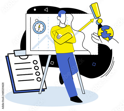 Business analytics vector illustration. Statistics provide objective measures for analyzing performance Planning is crucial for achieving business goals Technology investments drive business
