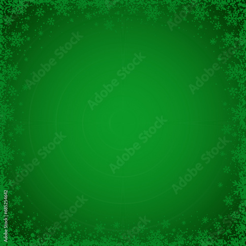 Green Christmas background with  square frame of snowflakes. Merry Christmas and Happy New Year greeting banner. Square new year background, headers, posters, cards, website.Vector illustration