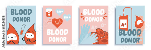 Blood donor cover brochure set in flat design. Poster templates with cute drop characters, test tubes with der liquid, droppers, cells, medical gloves, other symbols of donation. Vector illustration.