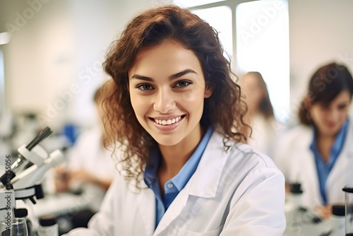 Girl in the laboratory with a microscope