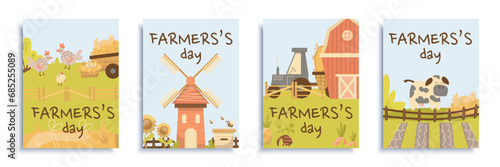 Farmer day cover brochure set in flat design. Poster templates with farmland and ranch for harvesting and gardening, poultry and livestock farming, sowing plantation fields. Vector illustration.
