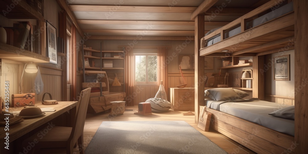 Interior of children room in traditional wooden house of Swiss chalet style.