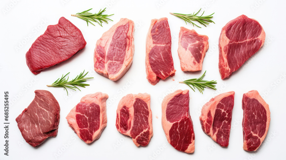 raw beef steak in various sizes on white background raw beef steak in various sizes on white background