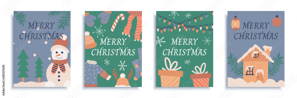 Merry Christmas 2024 cover brochure set in flat design. Poster templates with snowman in Santa Claus hat, sweater and scarves, snowflakes, Xmas gifts, celebration decor. Vector illustration.