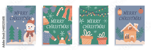 Merry Christmas 2024 cover brochure set in flat design. Poster templates with snowman in Santa Claus hat, sweater and scarves, snowflakes, Xmas gifts, celebration decor. Vector illustration.
