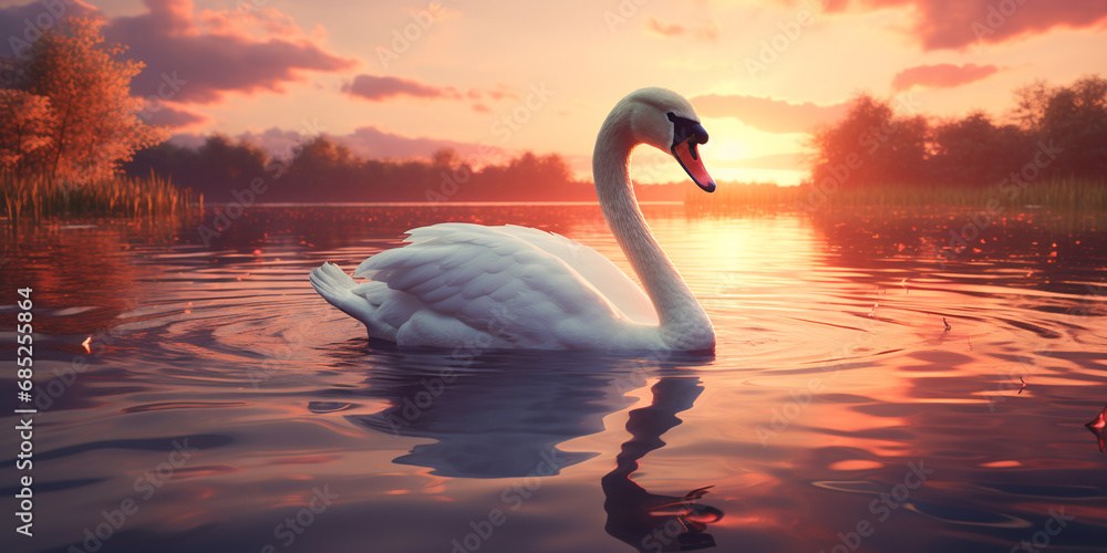 Fototapeta premium beautiful white swan swims in a pond at sunset. ai generative