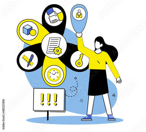 Business routine vector illustration. Challenges are inevitable in business world and test ones ability to adapt and overcome Productivity is measure efficiency and effectiveness in accomplishing