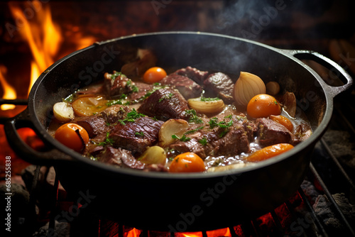 Beef stew of meat and vegetables cooking in the pot on the stove. ai generative
