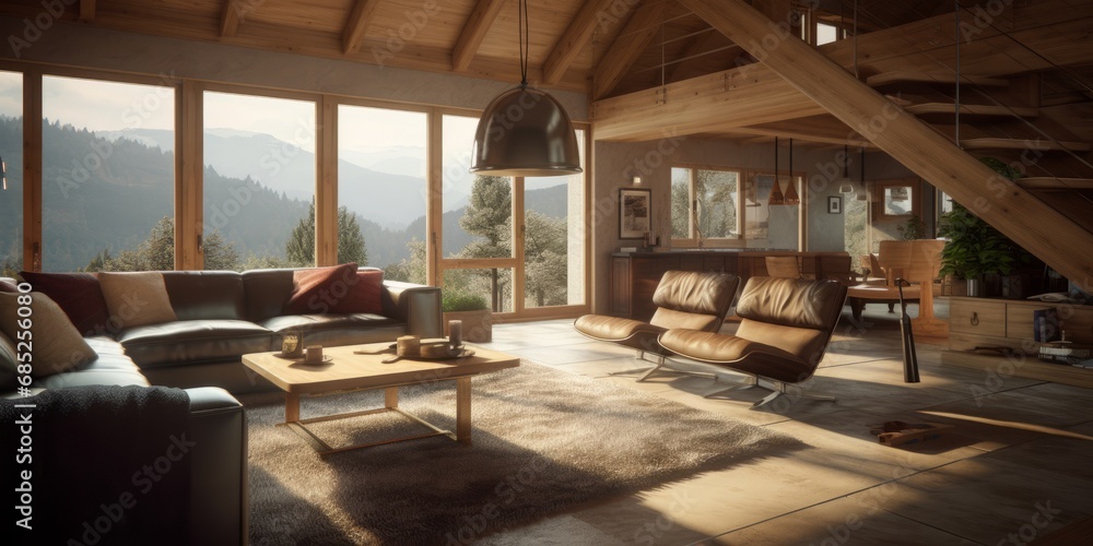 Cozy living room Interior in modern Swiss chalet with mountain view from window. Cozy living room Interior in modern Swiss chalet with mountain view from window.