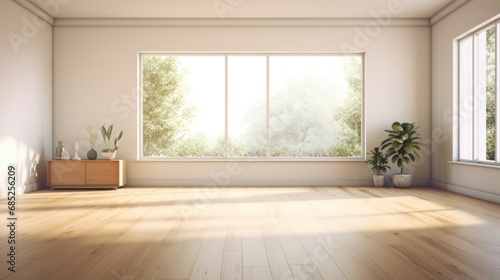 Empty minimalist room in modern apartment. White walls, hardwood floor, wooden commode, indoor plant in pot, large windows with city view. Mockup.