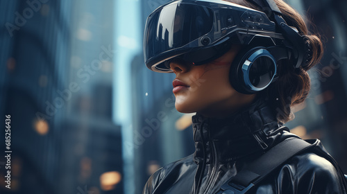 Cyberpunk style woman with VR gear. © RISHAD